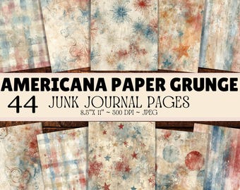 Americana Paper Grunge – 44 strony do wydrukowania w dzienniku śmieci. Tekstury w stylu vintage, tła w stylu vintage i rustykalne wzory w kolorze czerwonym, białym i niebieskim.
