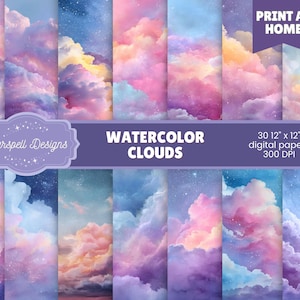May include: A collection of digital papers featuring watercolor clouds in shades of pink, purple, blue, and yellow. The image includes the text "WATERCOLOR CLOUDS" and "PRINT AT HOME". Each paper measures 12 x 12 inches.