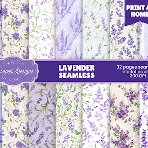 May include: A collection of seamless digital papers featuring lavender designs. The papers showcase various patterns of lavender flowers and foliage in shades of purple, green, and white. The image includes text that reads "Lavender Seamless" and "Print at Home."