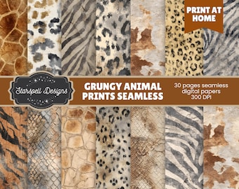 Grungy Animal Print Seamless Patterns | 30 Distressed Cheetah, Leopard & Giraffe Digital Papers for Crafts, Journals, Products, Design