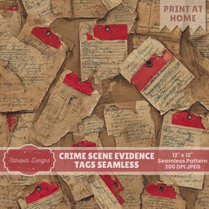 Etiquetas de evidencia de escena del crimen con patrón sin costuras / Etiquetas forenses vintage, papel de efímero grunge, fondo de diario de detectives 12x12 JPG