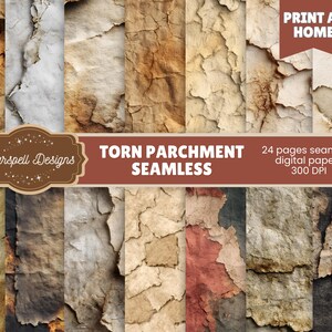 May include: A collection of seamless digital papers with a torn parchment design. The papers feature various shades of brown, beige, and gray, with distressed textures. The image includes the text "TORN PARCHMENT SEAMLESS" and "24 pages seamless digital papers 300 DPI".