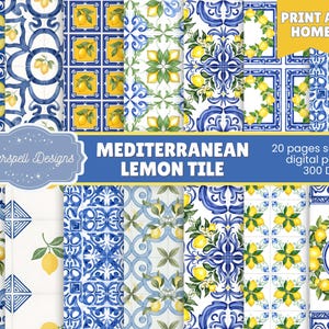 Puede incluir: Colección de papeles digitales con diseños de azulejos de limón mediterráneos. Los patrones muestran azulejos azules y blancos con limones amarillos y hojas verdes. El texto dice "Mediterranean Lemon Tile" y "Print at Home".