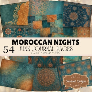 Puede incluir: Una colección de 54 páginas de diario basura de Moroccan Nights. Las páginas presentan patrones en tonos turquesa, dorado y marrón con diseños florales y geométricos. El texto de la imagen dice "MOROCCAN NIGHTS 54 JUNK JOURNAL PAGES 27,9cm x 21,6cm ~ 300 DPI ~ JPEG".
