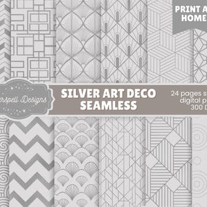 May include: A collection of silver Art Deco seamless digital papers with various geometric patterns. The image includes text that reads "Starspell Designs," "SILVER ART DECO SEAMLESS," and "PRINT AT HOME." The papers are 300 DPI and include 24 pages.