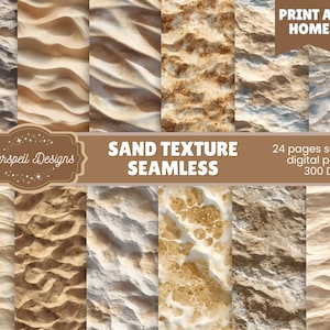 May include: A digital art print featuring various seamless sand textures in shades of beige, brown, and white. The image includes the text "SAND TEXTURE SEAMLESS" and "PRINT AT HOME". The design is by Starspell Designs.