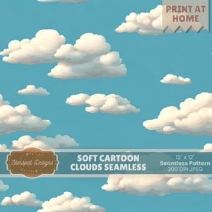 Soft Cartoon Clouds Seamless Pattern | Fluffy Sky Digital Paper in Pastel Blue for Nursery, Cute Designs & Gaming Assets