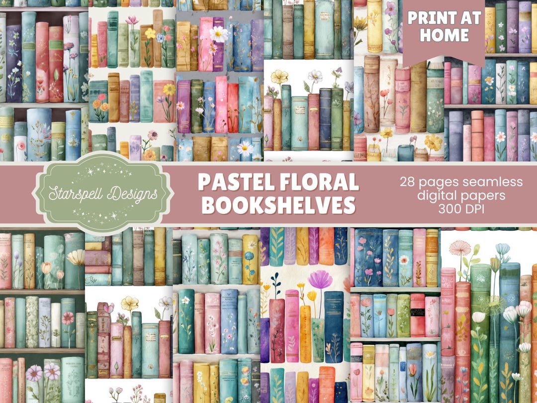Pastel Spring Floral Bookshelf Seamless Patterns | 28 Cozy Library ...
