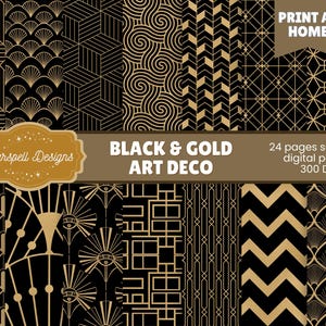 Puede incluir: Una colección de papeles digitales Art Deco en negro y dorado. Los diseños incluyen patrones geométricos, chevrones y formas de abanico estilizadas. El texto de la imagen dice "Black & Gold Art Deco" y "Print at Home". La imagen también indica "24 páginas de papeles digitales sin costuras 300 DPI".