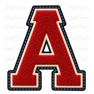 May include: A varsity-style letter A patch featuring a textured red chenille center, a cream-colored border, and a dark navy blue outer edge with visible stitching. The design includes the repeated watermark text Starspell Designs.
