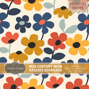 Mid Century Modern Daisies Seamless Pattern | Retro Floral Digital Paper for Fabric, Scrapbooking, POD, Stationery & MCM Designs