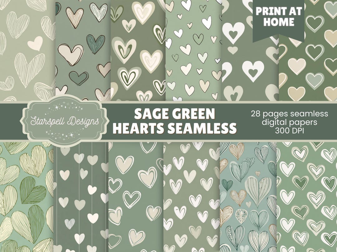 Sage Green Hearts Seamless Digital Papers 28 Neutral Valentine — free download