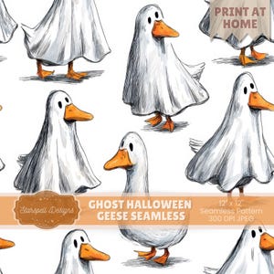 May include: Seamless pattern featuring whimsical illustrations of geese dressed as ghosts for Halloween. The geese have white bodies, orange beaks and feet, and are set against a white background. The design includes the text "Ghost Halloween Geese Seamless".