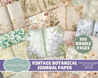 Vintage Botanical Journal Pages: Antique Flowers, Leaves (Digital Download, 100 JPGs)