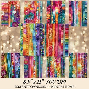 The image is a collage of various colorful and textured fabric swatches, including stripes, beads, and floral patterns, arranged in a grid-like pattern.