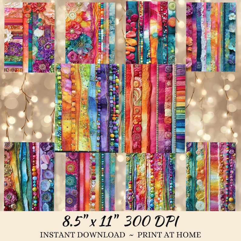 The image is a collage of various colorful and textured fabric swatches, including stripes, beads, and floral patterns, arranged in a grid-like pattern.