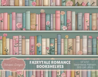 Fairytale Romance Bookshelves Seamless Pattern | Pastel Floral Book Shelf Digital Paper for Cottagecore Vintage Library Decor