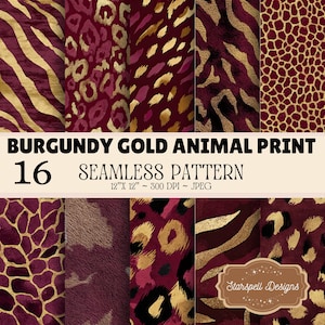 Carta digitale con motivo animalier bordeaux e oro, leopardo, zebra e giraffa bordeaux, 16 motivi senza soluzione di continuità