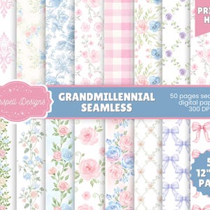 Digitalt papper med blommotiv från Grandmillenial | Sömlösa vintageblommor | Estetiska pastellpapper från Cottagecore för hantverk, dagböcker och klippböcker
