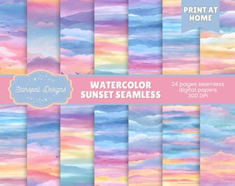 Watercolor Sunset Seamless Papers | 24 Bright Pastel Digital Backgrounds for Scrapbooking & Crafts
