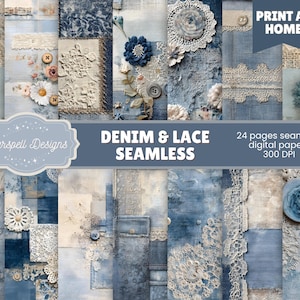 May include: A collage of denim and lace digital papers in shades of blue, cream, and beige. The design includes floral accents, buttons, and lace details. The text reads "Denim & Lace Seamless" and "Print at Home".