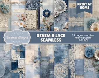 Shabby Lace & Denim Seamless Patterns | 24 Rustic Textile Digital Papers for Scrapbooking, Journals, Crafts Vintage Design