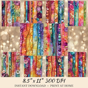 The image is a collage of various colorful and textured fabric strips, beads, and floral elements arranged in a visually appealing manner.