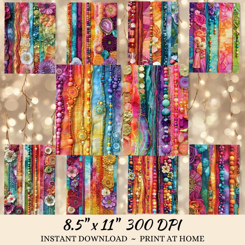 The image is a collage of various colorful and textured fabric strips, beads, and floral elements arranged in a visually appealing manner.