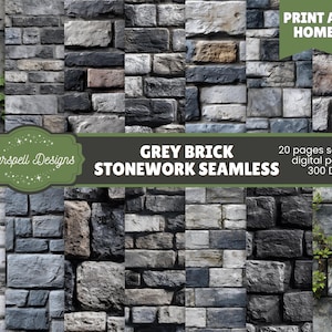 May include: A digital paper pack featuring various seamless grey brick stonework patterns. The image includes a variety of brick textures and colors, with some sections showing greenery. The text indicates 20 seamless digital papers at 300 DPI, perfect for print at home projects.