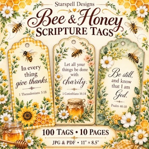 Op de afbeelding: Drie rechthoekige cadeaulabels met bijen- en honingmotieven en bloemenranden. De labels tonen de tekst: In every thing give thanks. 1 Thessalonians 5:18, Let all your things be done with charity. 1 Corinthians 16:14, en Be still, and know that I am God. Psalm 46:10. De set bevat 100 labels op 10 pagina's, 27,94 cm bij 21,59 cm.