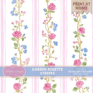 Garden Rosette Stripes Seamless Pattern | Pink Rose Stripe Digital Paper, Cottagecore Floral Vintage Wallpaper Printable