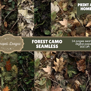 Puede incluir: Una colección de papeles digitales sin costuras con un patrón de camuflaje forestal. El diseño incorpora varios tonos de verde, marrón y beige, con representaciones detalladas de hojas, ramitas y otros elementos naturales. Se muestra el texto "FOREST CAMO SEAMLESS".