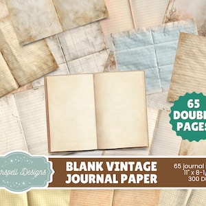 Pode incluir: Um diário vintage em branco aberto com 65 páginas duplas, rodeado por folhas de papel envelhecidas. O diário mede 28 cm x 21,6 cm e tem uma capa castanha. A imagem inclui o texto "Blank Vintage Journal Paper".