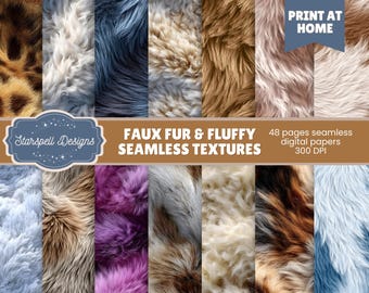 May include: A digital paper set featuring various faux fur and fluffy seamless textures in a variety of colors, including brown, blue, white, and purple. The image includes the text "FAUX FUR & FLUFFY SEAMLESS TEXTURES" and "PRINT AT HOME".