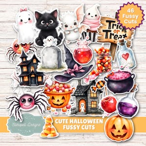 May include: A collection of cute Halloween-themed die-cut stickers. The stickers include a black cat, ghost, bat, witch hat, haunted house, spiders, candy corn, and a jack-o'-lantern. The text "Trick or Treat" is on a wooden sign. The text "Cute Halloween Fussy Cuts" is also present.