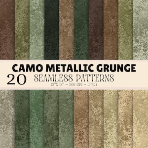 Peut inclure: Une collection de 20 motifs numériques sans couture avec une texture grunge métallique dans diverses nuances de vert, brun et beige. L'image inclut le texte CAMO METALLIC GRUNGE 20 SEAMLESS PATTERNS 12" X 12" ~ 300 DPI ~ JPEG.