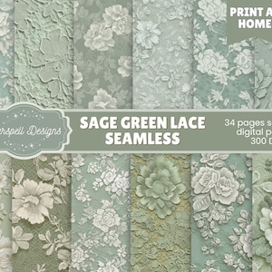 Sage Green Lace Seamless Pattern Digital Papers | 34 Vintage Floral Lace Backgrounds, Shabby Chic Printable Patterns for Crafts