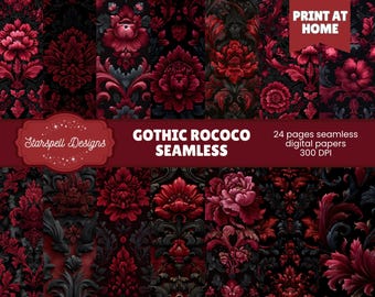May include: A digital paper set featuring a Gothic Rococo seamless design. The image showcases a collage of floral patterns in shades of red, black, and gray. The text reads "Print at Home" and "24 pages seamless digital papers 300 DPI".