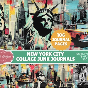 Op de afbeelding: Een collage van New York City-scènes, waaronder Marilyn Monroe, het Vrijheidsbeeld en een gele taxi. De afbeelding bevat de tekst "106 JOURNAL PAGES" en "NEW YORK CITY COLLAGE JUNK JOURNALS". De pagina's van het tijdschrift meten 21,6 x 27,9 cm.