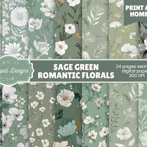 以下が含まれることがあります： セージグリーンのデジタルペーパー。シームレスなフローラルパターンが特徴です。白の花と葉が、さまざまなセージグリーンの背景に描かれています。「Sage Green Romantic Florals」と「Print at Home」の文字があります。