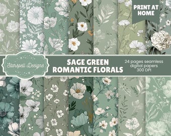 Romantic Sage Green Florals Digital Paper Set | 24 Seamless Botanical Patterns for Scrapbooking, Journals, Invitations & Wedding Stationery