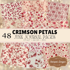 Puede incluir: Colección de 48 páginas de diario basura "Crimson Petals". Las páginas presentan diseños florales en tonos rojos y rosas sobre un fondo blanco. Las páginas miden 27,94 cm x 21,59 cm y son archivos JPEG de 300 DPI.