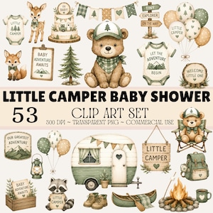 May include: A digital clip art set featuring 53 illustrations with a camping theme, including a bear, fox, deer, camper, baby onesies, balloons, and signs with text like Little Camper, Baby Adventure Awaits, and Let The Adventure Begin.