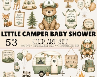 Little Camper Baby Shower Clip Art Set – 53 Woodland Camping Baby PNG Images, Adventure Clip Art, Neutral Nursery Graphics, Transparent