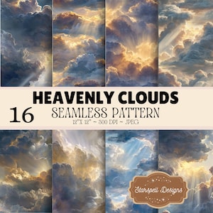 Heavenly Clouds Seamless Pattern Digital Paper, Sunbeam Cloud Backgrounds, Celestial Sky Christian Faith Patterns, 16 Printable Papers
