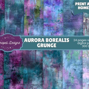 Könnte beinhalten: Digitales Papier-Set mit einem abstrakten Grunge-Design in Türkis, Lila und Blau. Der Text lautet "AURORA BOREALIS GRUNGE" und "24 pages seamless digital papers 300 DPI". Die Worte "PRINT AT HOME" sind ebenfalls sichtbar.