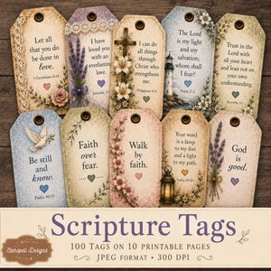 Scripture Tags Printable | 100 Christian Scripture Tags, Bible Verse Gift Tags, Faith Junk Journal Ephemera, Christian Printable Tags