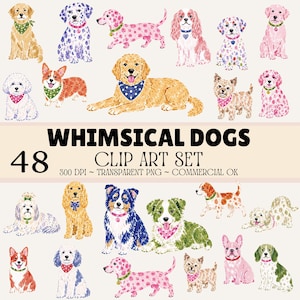Puede incluir: Una colección digital de 48 ilustraciones de perros estilo acuarela que muestran varias razas en diferentes poses, colores y patrones, con el texto WHIMSICAL DOGS CLIP ART SET 300 DPI ~ TRANSPARENT PNG ~ COMMERCIAL OK en el centro.