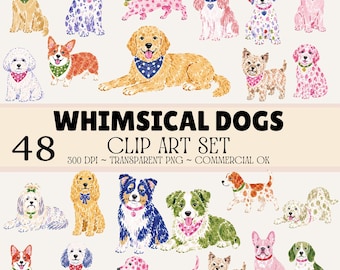 May include: A digital collection of 48 watercolor-style dog illustrations featuring various breeds in different poses, colors, and patterns, with the text WHIMSICAL DOGS CLIP ART SET 300 DPI ~ TRANSPARENT PNG ~ COMMERCIAL OK displayed in the center.