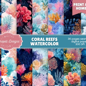 Watercolor Coral Reefs Seamless Patterns | 36 Ocean-Themed Digital Papers for Scrapbooking, Journals, Crafts, Products & Underwater Design